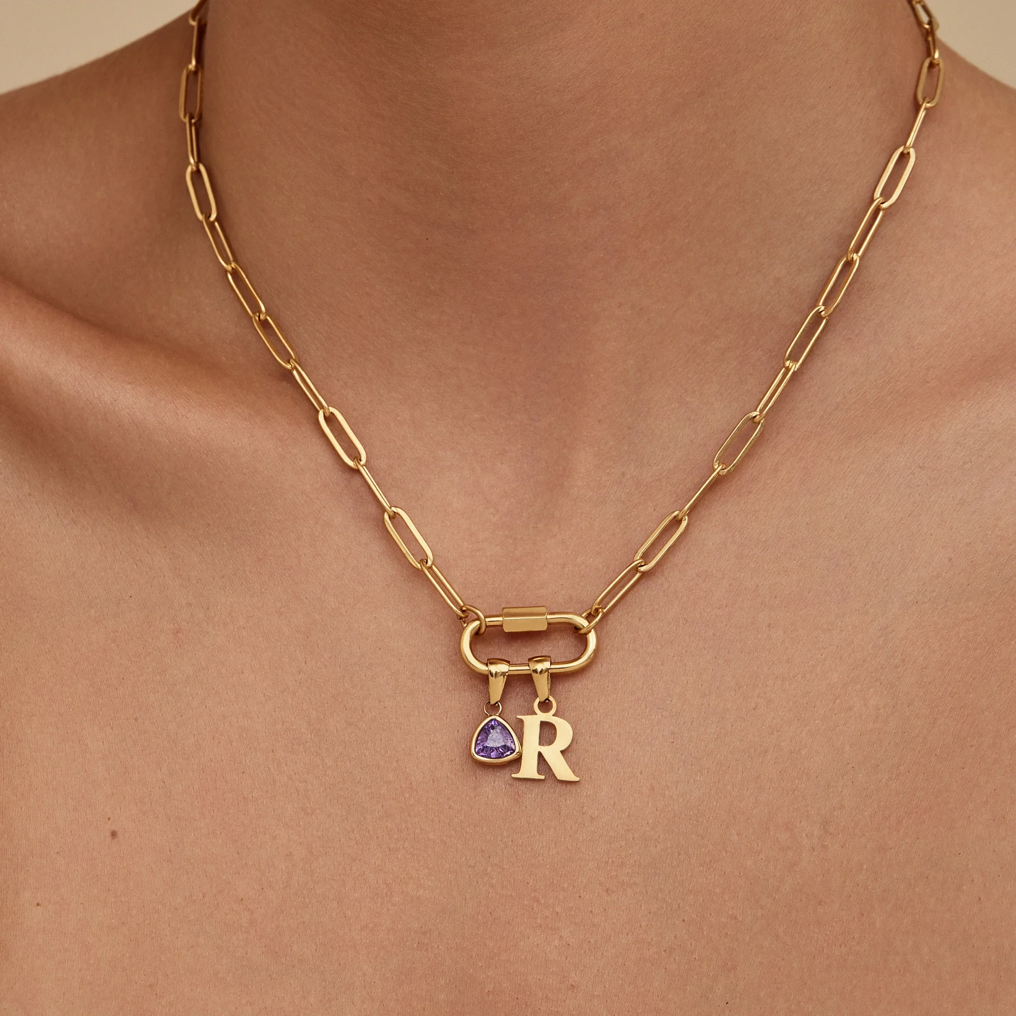 Carabiner Charm Lock Necklace With Initial & Birthstone - Image 3
