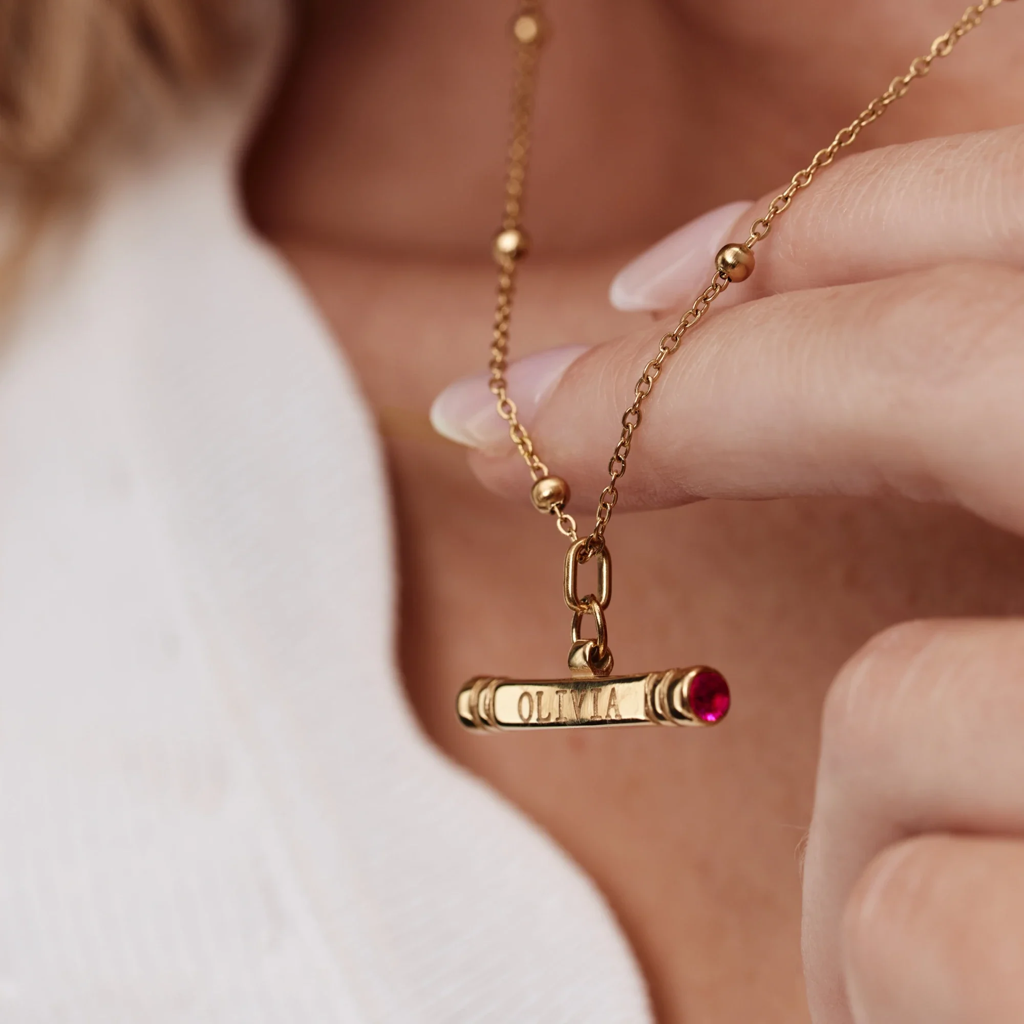 Custom Name & Birthstone T-Bar Necklace - Image 3