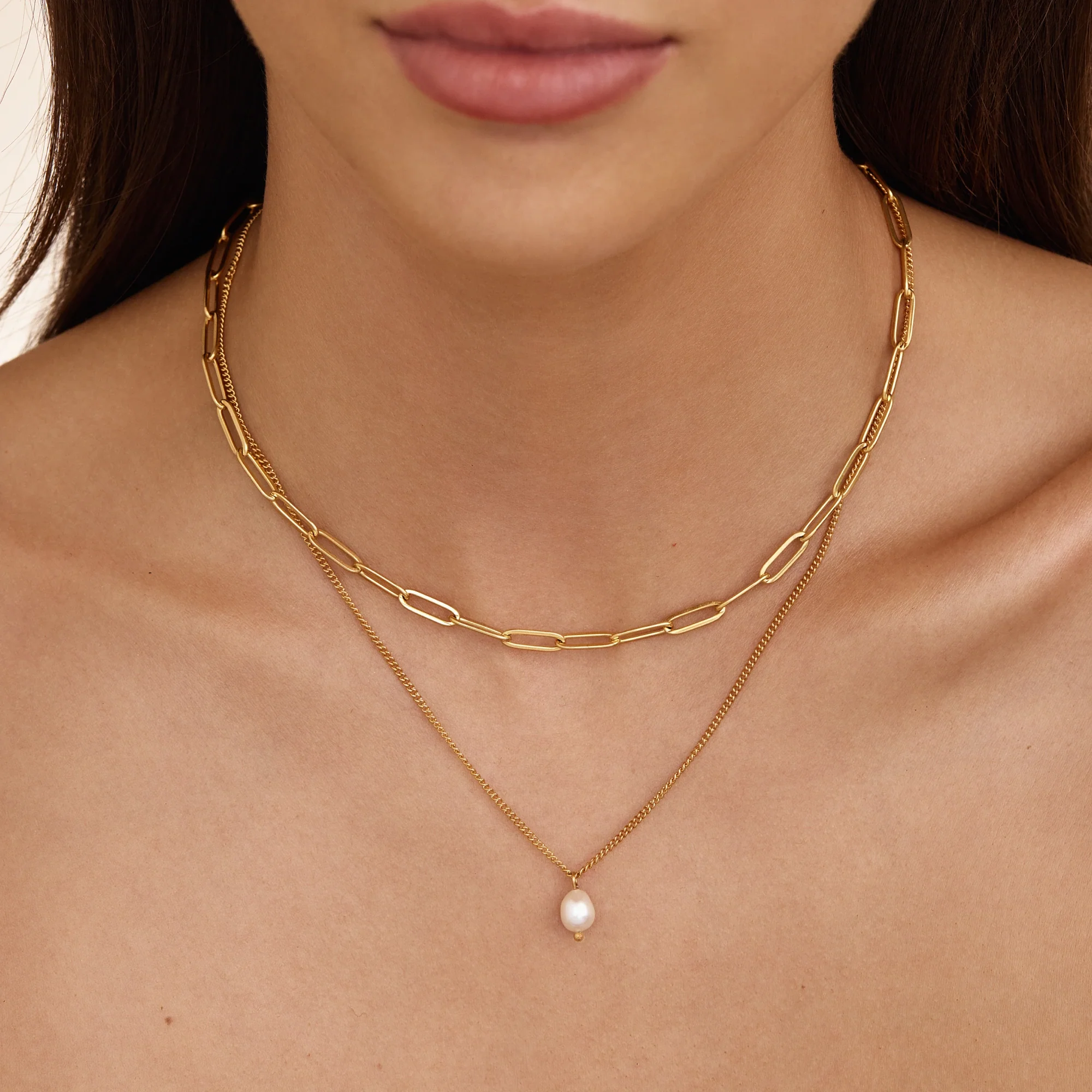 Paperclip & Pearl Drop Layered Necklace - Image 2