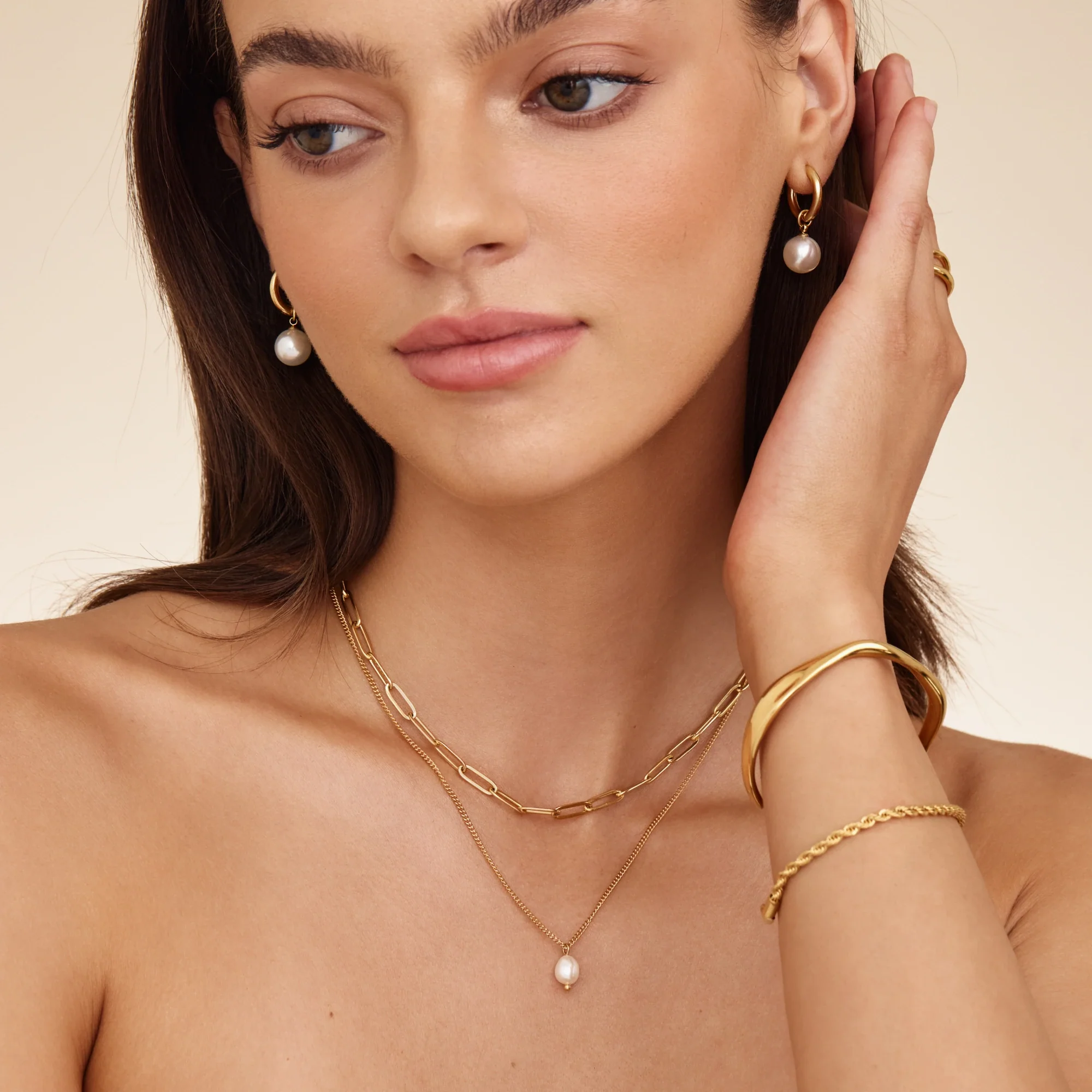 Paperclip & Pearl Drop Layered Necklace - Image 3