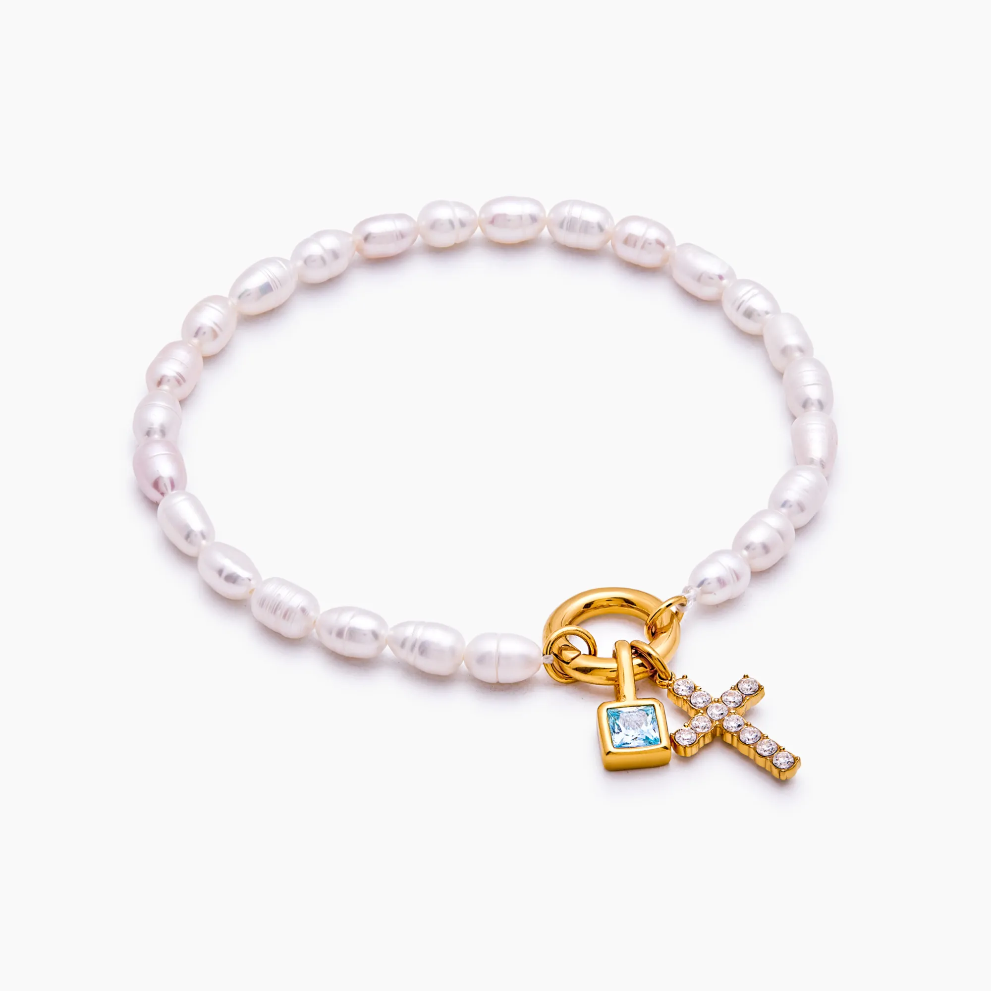 Pearl Birthstone Cross Charm Bracelet - Image 4